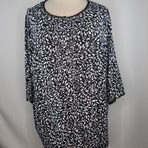 Ulla Popken Black and White 3/4 Sleeve Henley  Blouse